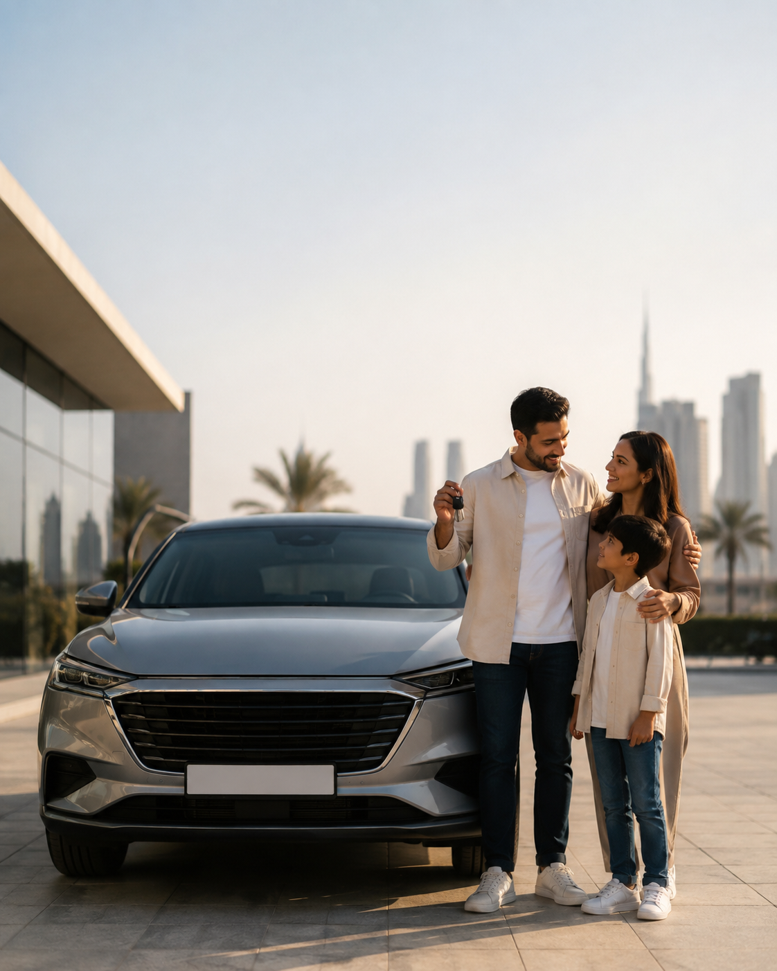 A family beside a new SUV in a modern UAE setting