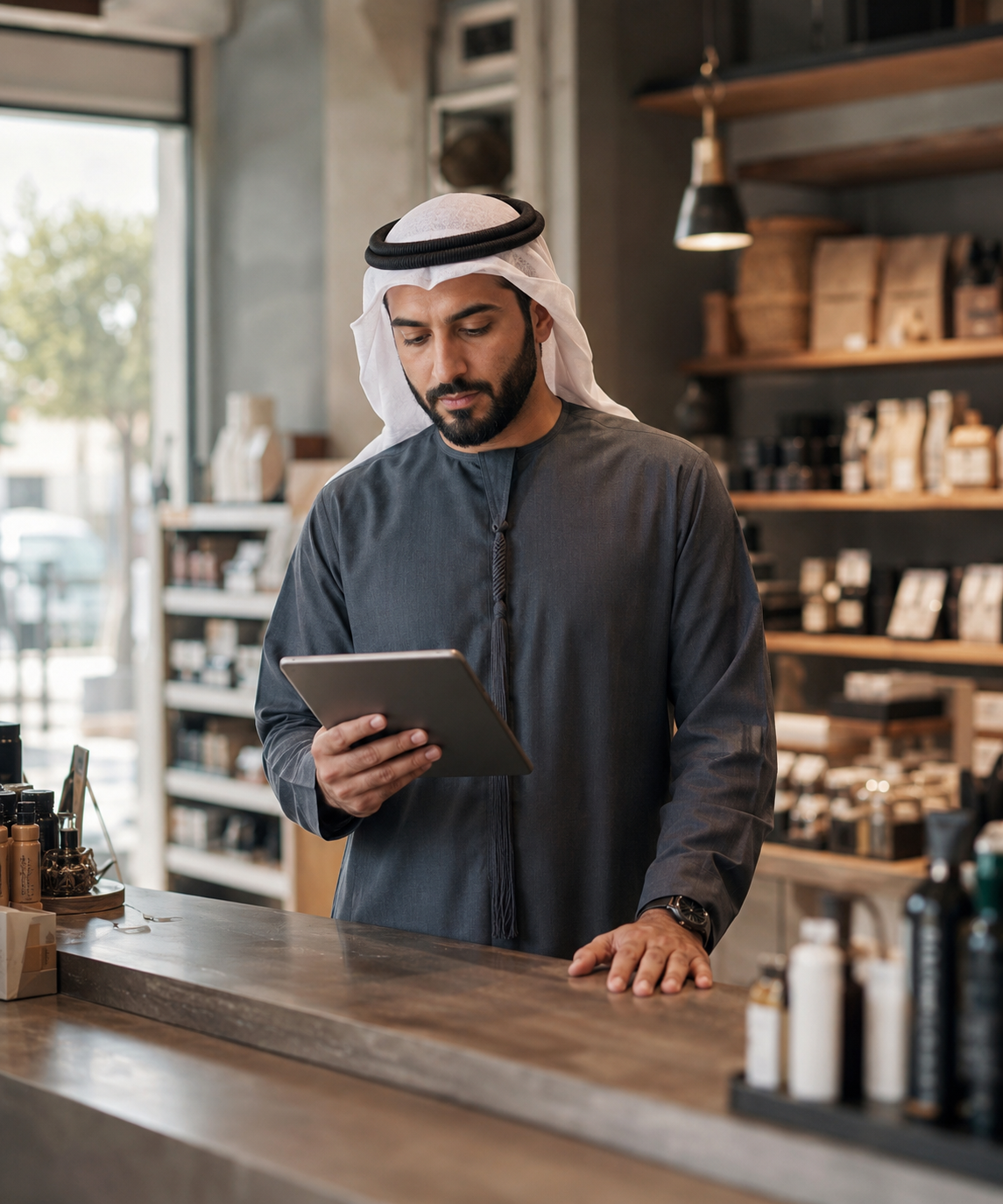 A UAE business owner checking orders on a tablet behind the counter of his shop