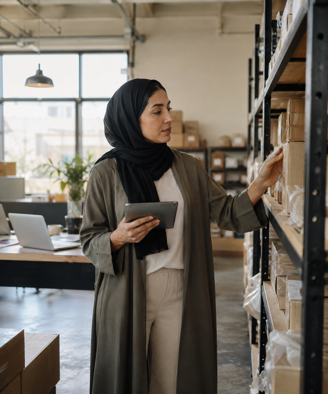 A UAE business owner checking inventory with a tablet in her workspace