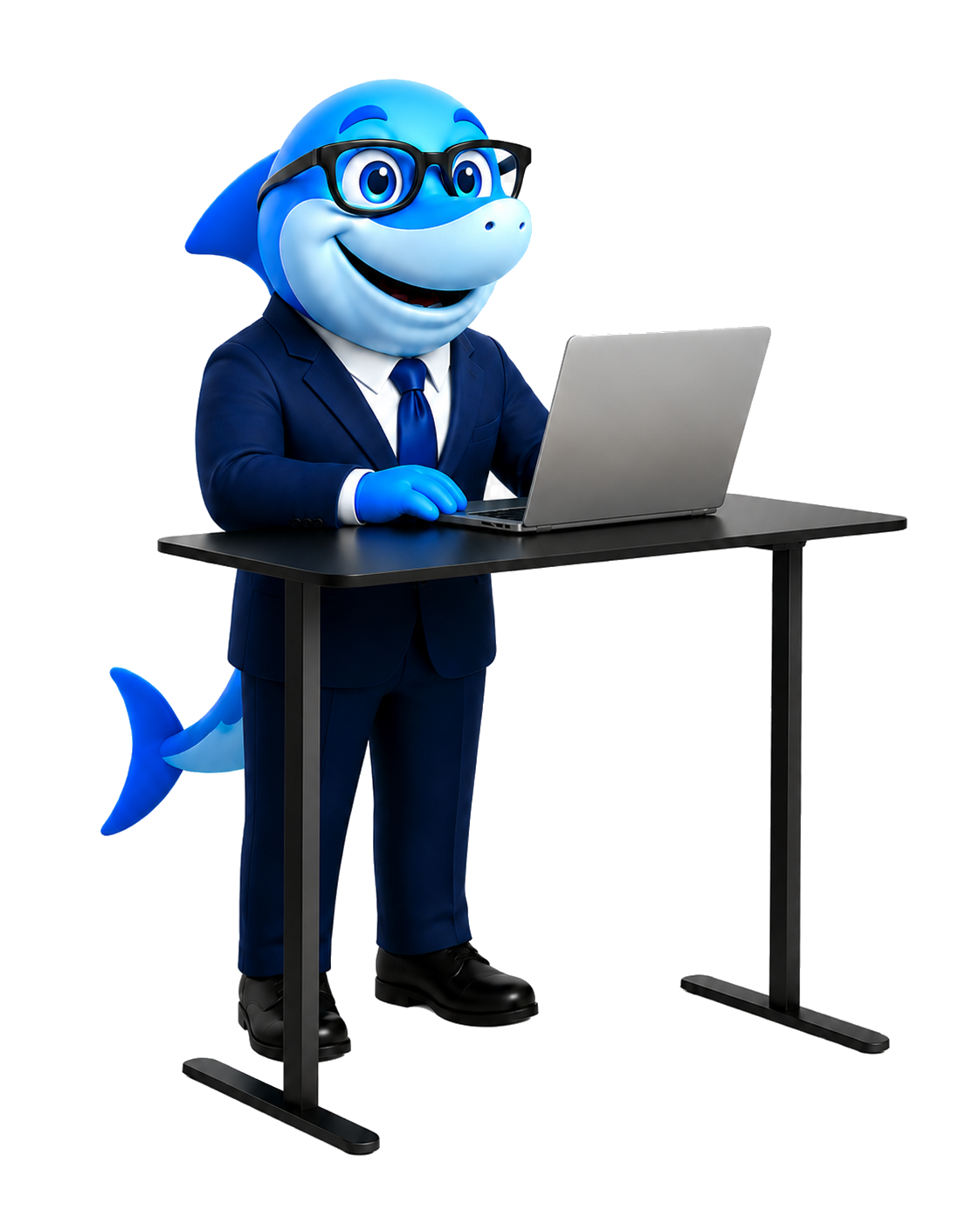 FinShark mascot at laptop