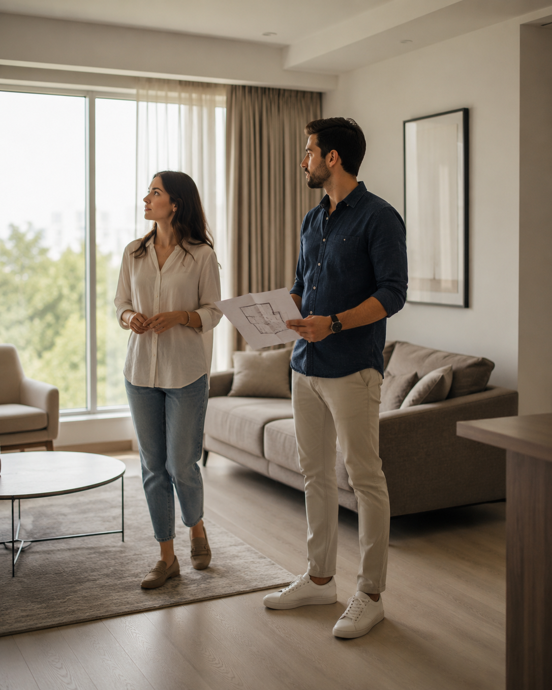 A couple viewing a modern apartment, considering the space