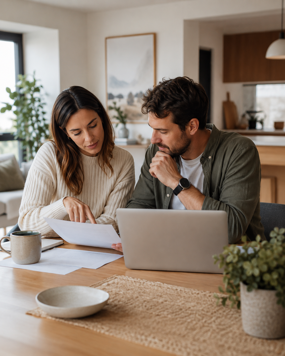 A couple at home reviewing paperwork together while planning a major expense
